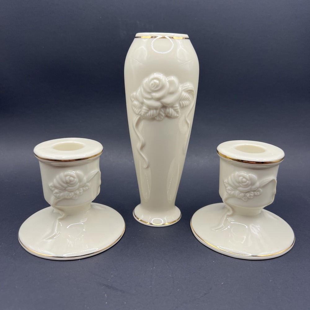 3 Pc Set Lenox Rose Blossom 2 Lenox Candlestick Holders 1 Bud Vase 24k Gold Trim